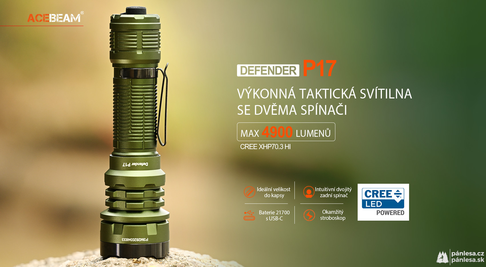 AceBeam Defender P17, 4900 lm, tmavozelená - Taktická LED baterka, zelená