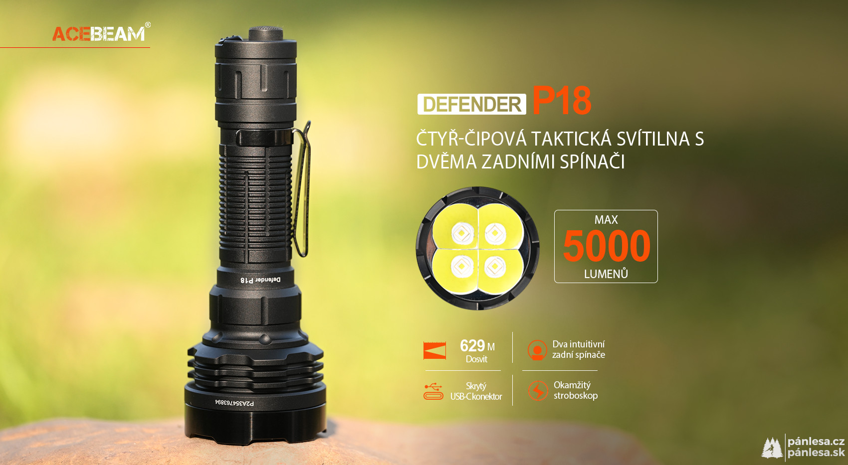 AceBeam Defender P18, 5000 lm, black - Taktická LED baterka, čierna