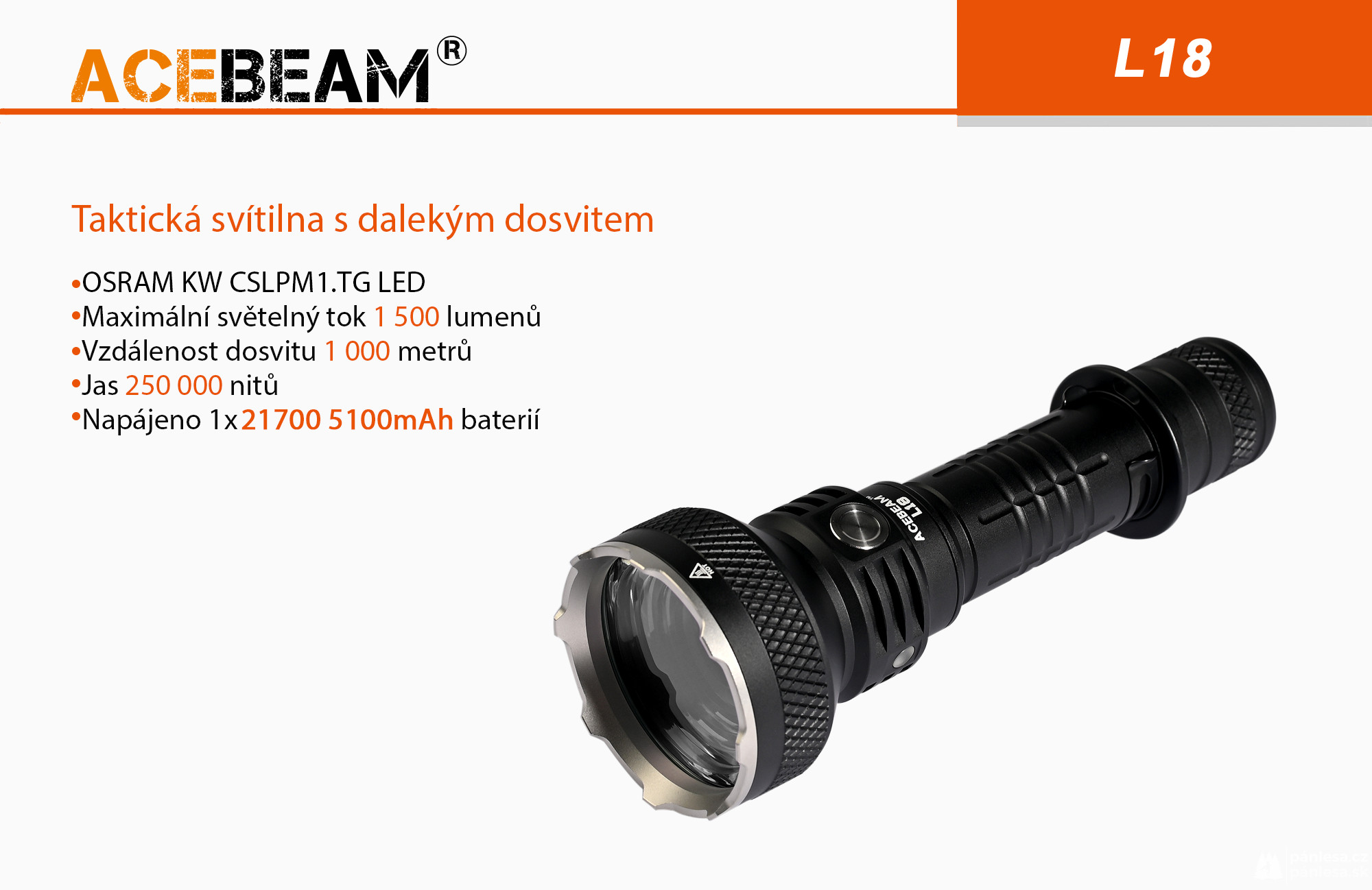 AceBeam L18, 1500 lm - Lovecká LED baterka, čierna