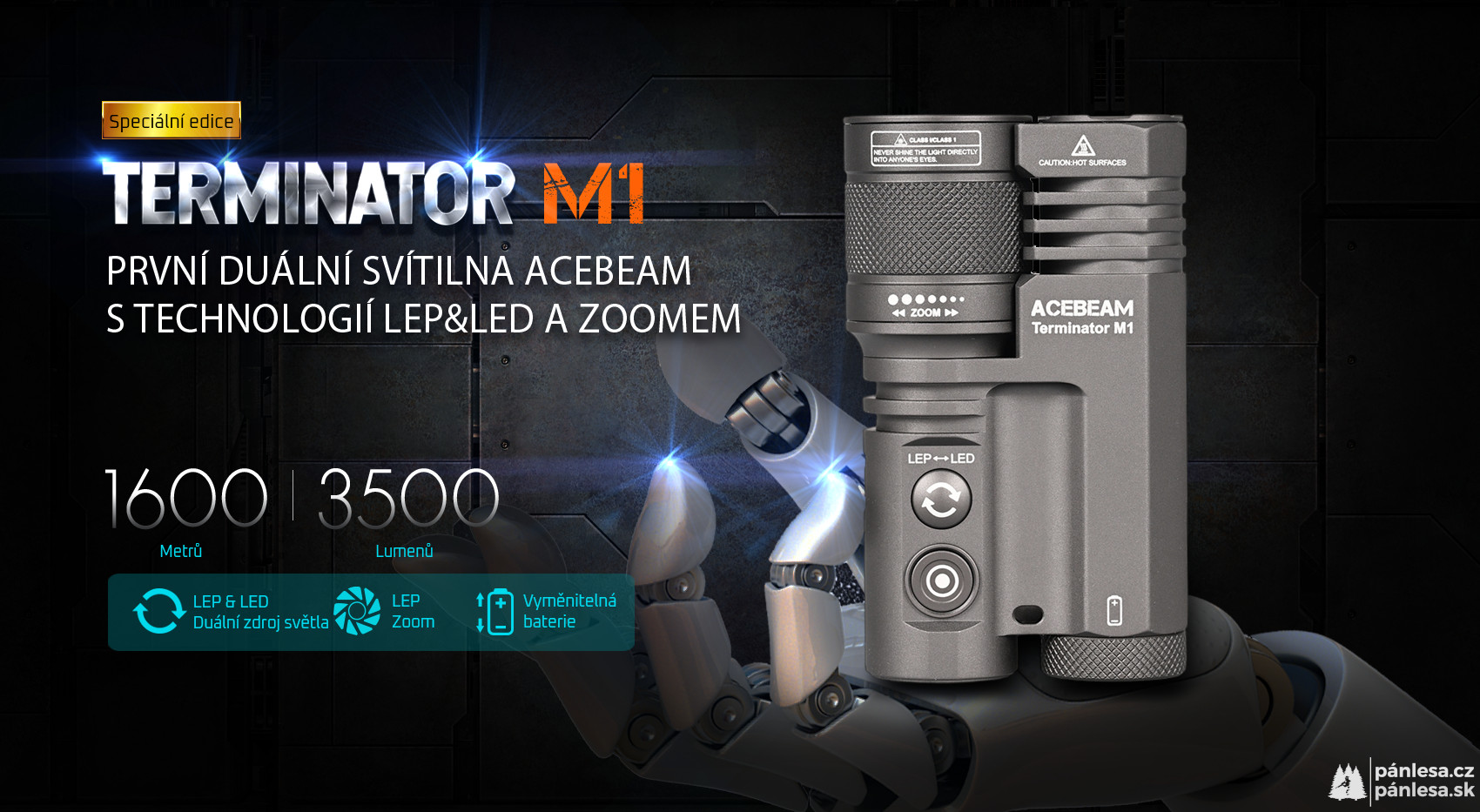 AceBeam Terminator M1, 3500 lm, grey - LEP a LED baterka so zoomom, sivá